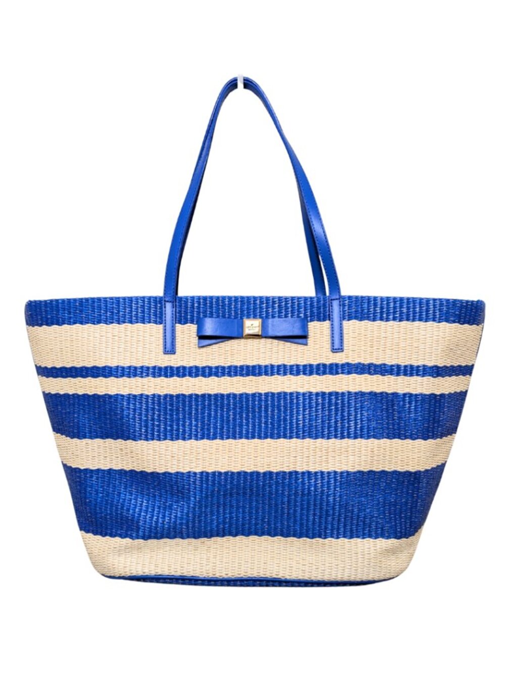 Kate Spade Wicklow Court Anabette Tote Striped Straw Tote Bag Beige Azure Blue